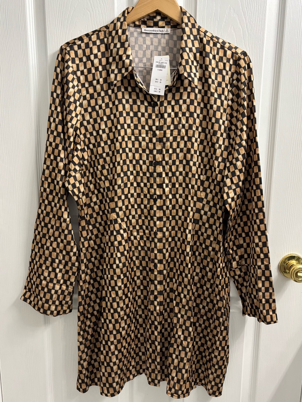 Abercrombie & Fitch Satin Printed Shirt Dress XL NWT Black Retro Checkered Print